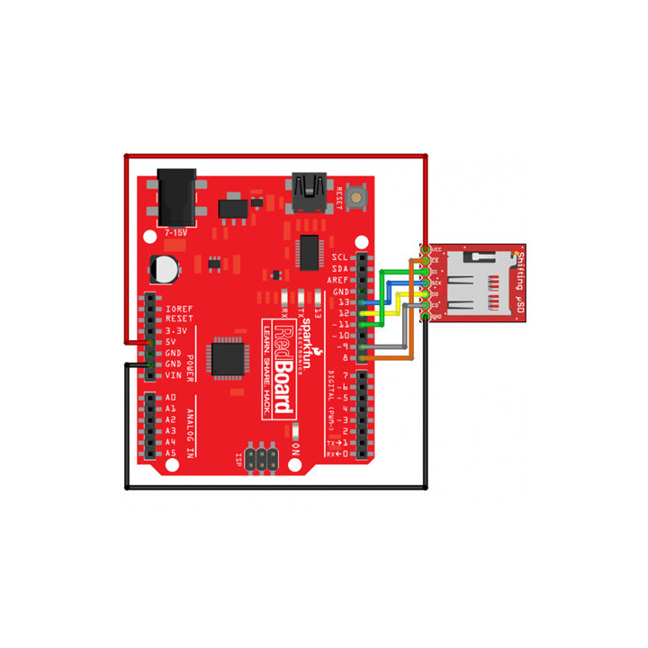 Exemple de raccordement du module Level Shifting microSD  DEV-13743 sur une carte compatible Arduino®