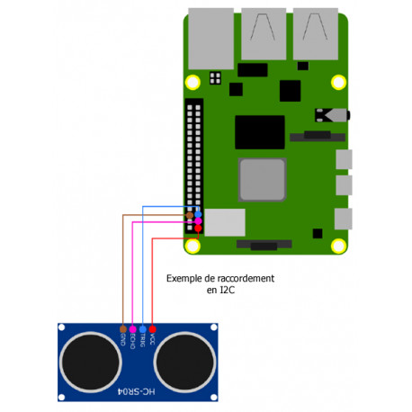 Exemple de raccordement en I2C du télémètre ultrasons HC-SR04P sur une Raspberry Pi Exemple de raccordement en I2C du télémètre ultrasons HC-SR04P sur une Raspberry Pi
