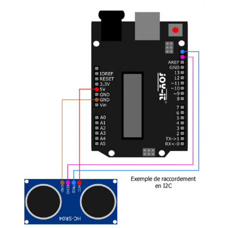 Exemple de raccordement en I2C du télémètre ultrasons HC-SR04P sur un Arduino® ou compatible Exemple de raccordement en I2C du télémètre ultrasons HC-SR04P sur un Arduino® ou compatible