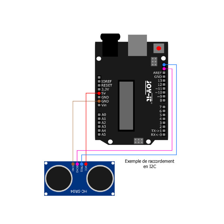 Exemple de raccordement en I2C du télémètre ultrasons HC-SR04P sur un Arduino® ou compatible