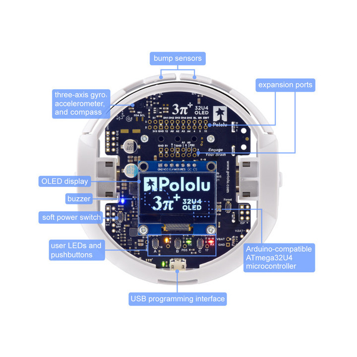 Détails du dessus du robot 3pi+ 32U4 OLED Pololu 4978