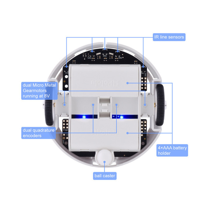 Détails du dessous du robot 3pi+ 32U4 OLED Pololu 4978