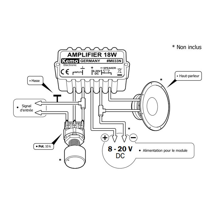Schéma de branchement du module amplificateur audio 18W universel Kemo M033N