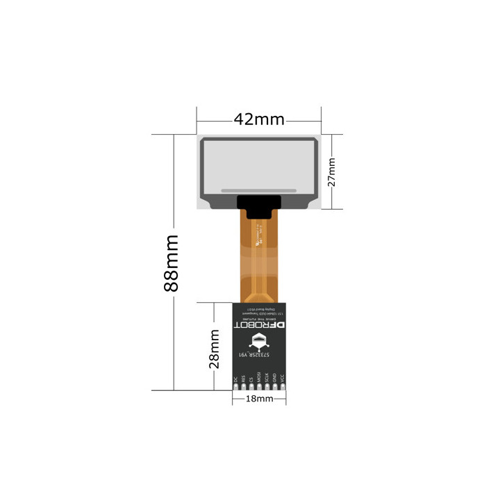 Dimensions de l'afficheur OLED 1.51" transparent et avec son module de conversion