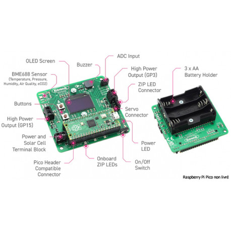 Détail du Module environnemental Air Quality Dataloging Kitronik 5336 pour Pi Pico Détail du Module environnemental Air Quality Dataloging Kitronik 5336 pour Pi Pico