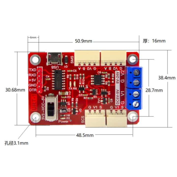 Dimensions du module de programmation USB et UART pour servo