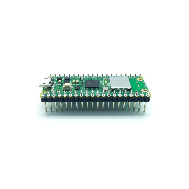 Vue de côté de la carte Raspberry Pi Pico W (avec connecteurs soudés)