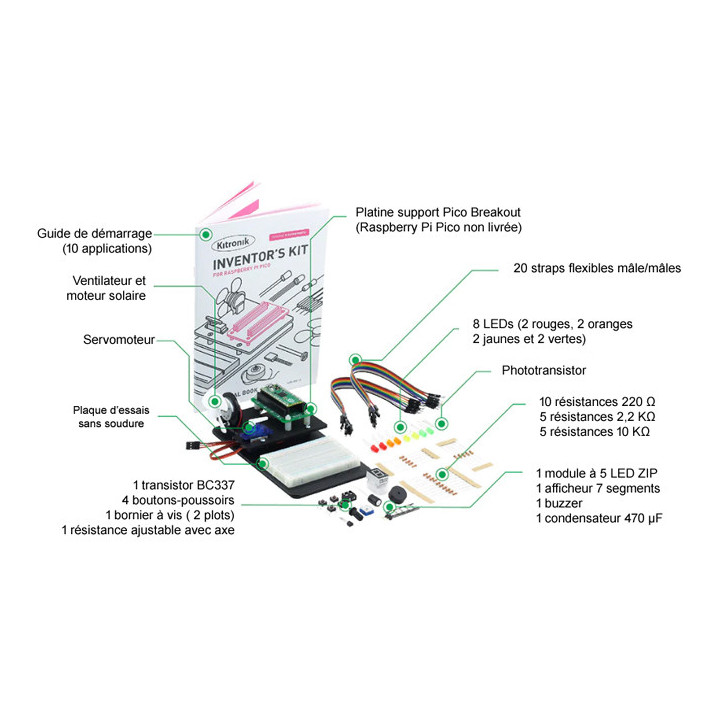 Détail du contenu du kit inventor’s kit Kitronik 5342 pour Pi Pico