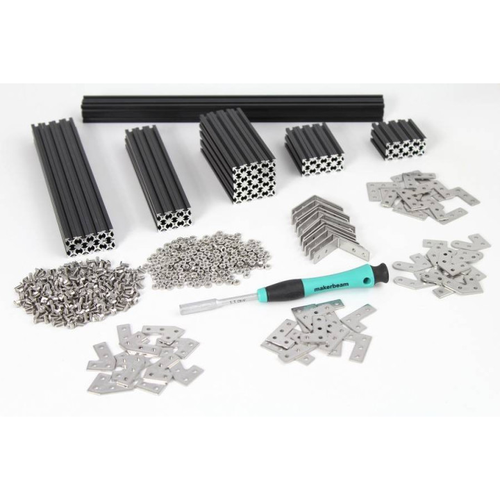 Détail du contenu du starter kit MakerBeam Regular noir
