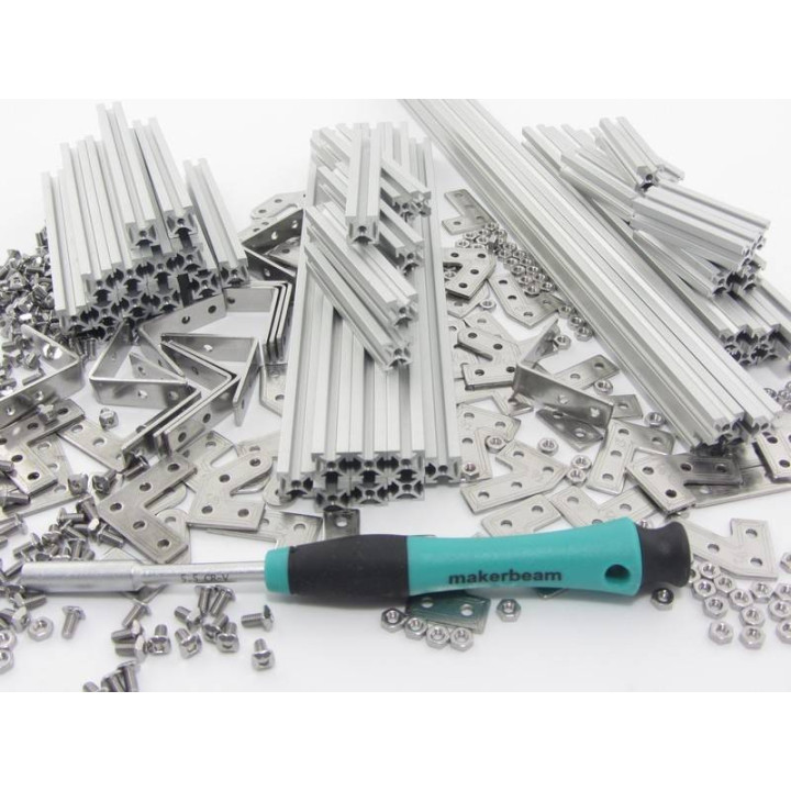 Vue du contenu du starter kit MakerBeam Premium - Deluxe Aluminium