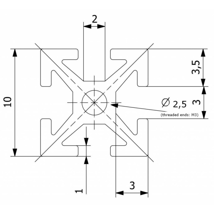 Dimensions des profilés MakearBeam aluminium noire 200 mm