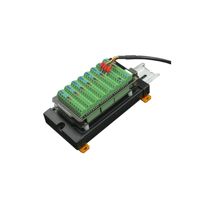 Exemple d'utilisation de la carte Shield borniers à vis DFR0921 avec un Arduino Mega et un support Rail DIN