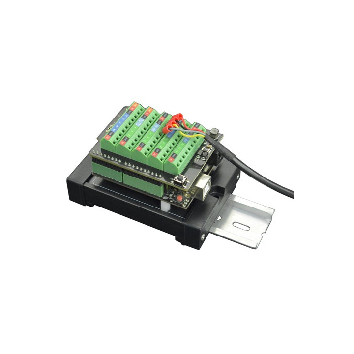 Exemple de montage du support rail DIN DFR0216-R avec un shield borniers à vis et un module Arduino UNO