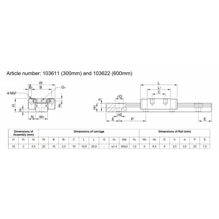 Dimensions du rail de guidage linéaire 60 cm avec charriot