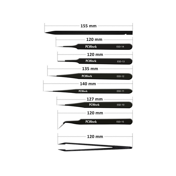 Dimensions des 8 pinces brucelles antistatiques PCW08F