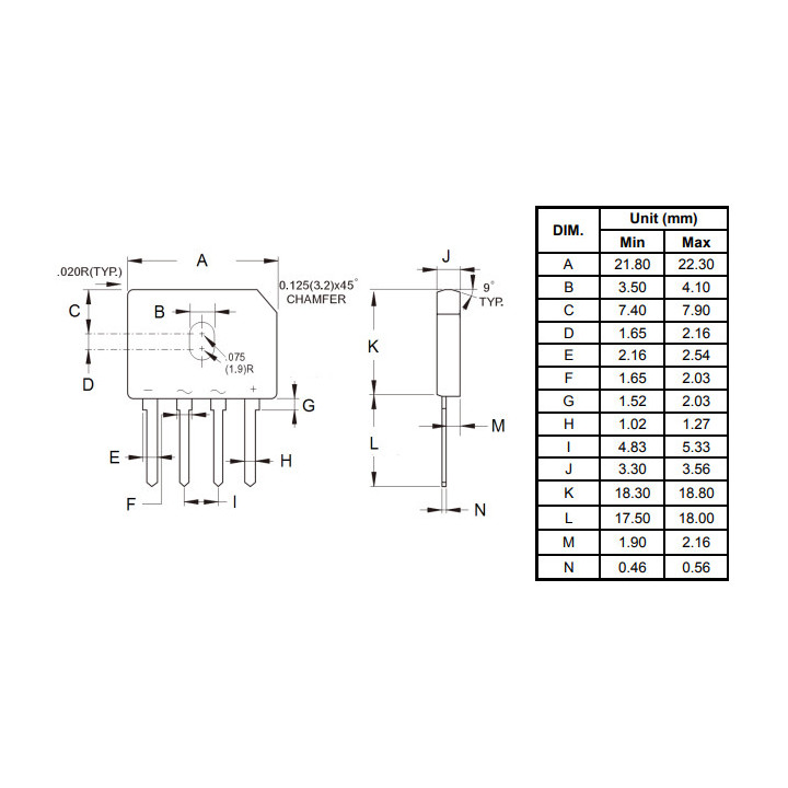 Dimensions du pont de diodes GBU1006 (10A - 800V)