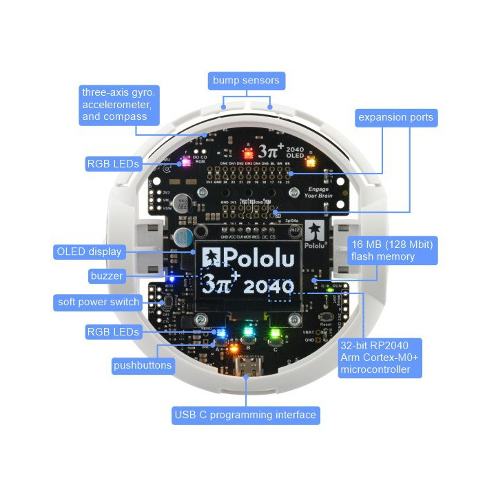 Détails du dessus du robot 3pi+ 2040 Pololu 5004