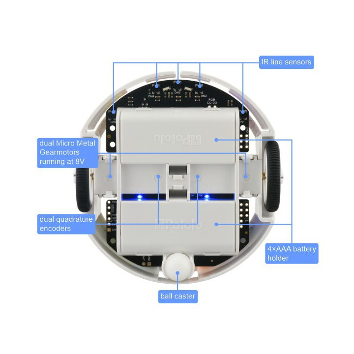 Détails du dessous du robot 3pi+ 2040 Pololu 5004