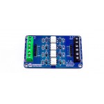 Détail des bornes de raccordement de la platine convertisseur de niveau 4 canaux Détail des bornes de raccordement de la platine convertisseur de niveau 4 canaux