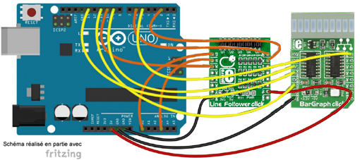 Schéma de câblage entre l'arduino et le module Line Folower Click