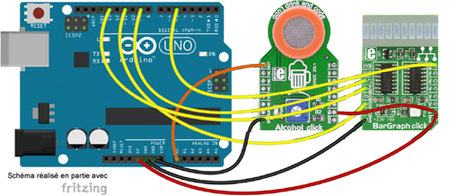 Schéma de câblage entre l'arduino et le module Alcohol Click Board