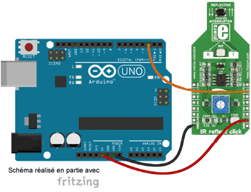 Schéma de câblage entre l'arduino et le module IR reflect click