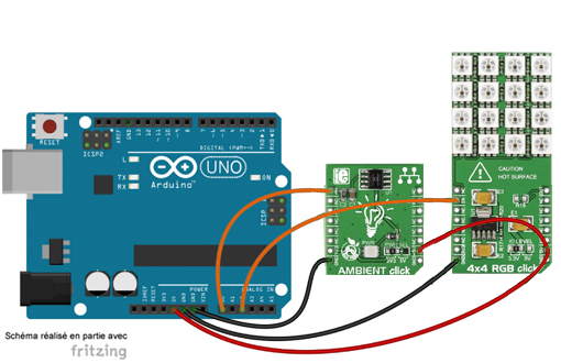 Schéma de câblage entre l'arduino et le module Click Board Ambient Click