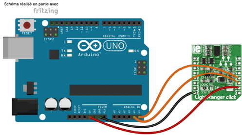 Schéma de câblage entre l'arduino et le module LightRanger Click