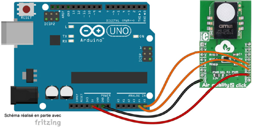 Schéma de câblage entre l'arduino et le module Click Board Air Quality 2 click MIKROE-2529