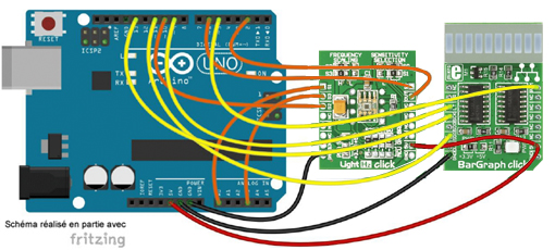 Schéma de câblage entre l'arduino et le module LightHZ Click Board