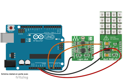 Schéma de câblage entre l'arduino et le module Light Click Board