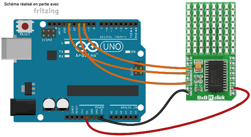 Schéma de câblage entre l'arduino et le Module matrice à leds jaunee 8x8 Click MIKROE-1294