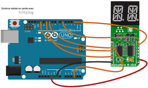 Schéma de câblage entre l'arduino et le Module AlphaNum R Click MIKROE-1864