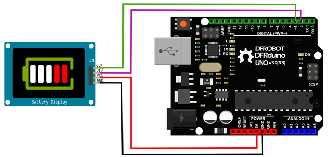 Exemple de raccordement du module indicateur de charge FIT0466