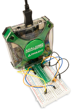 Exemple de raccordement du boitier Analog Discovery 2 sur une BreadBoard