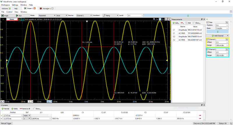 Fonction oscilloscope de l'Analog Discovery Studio