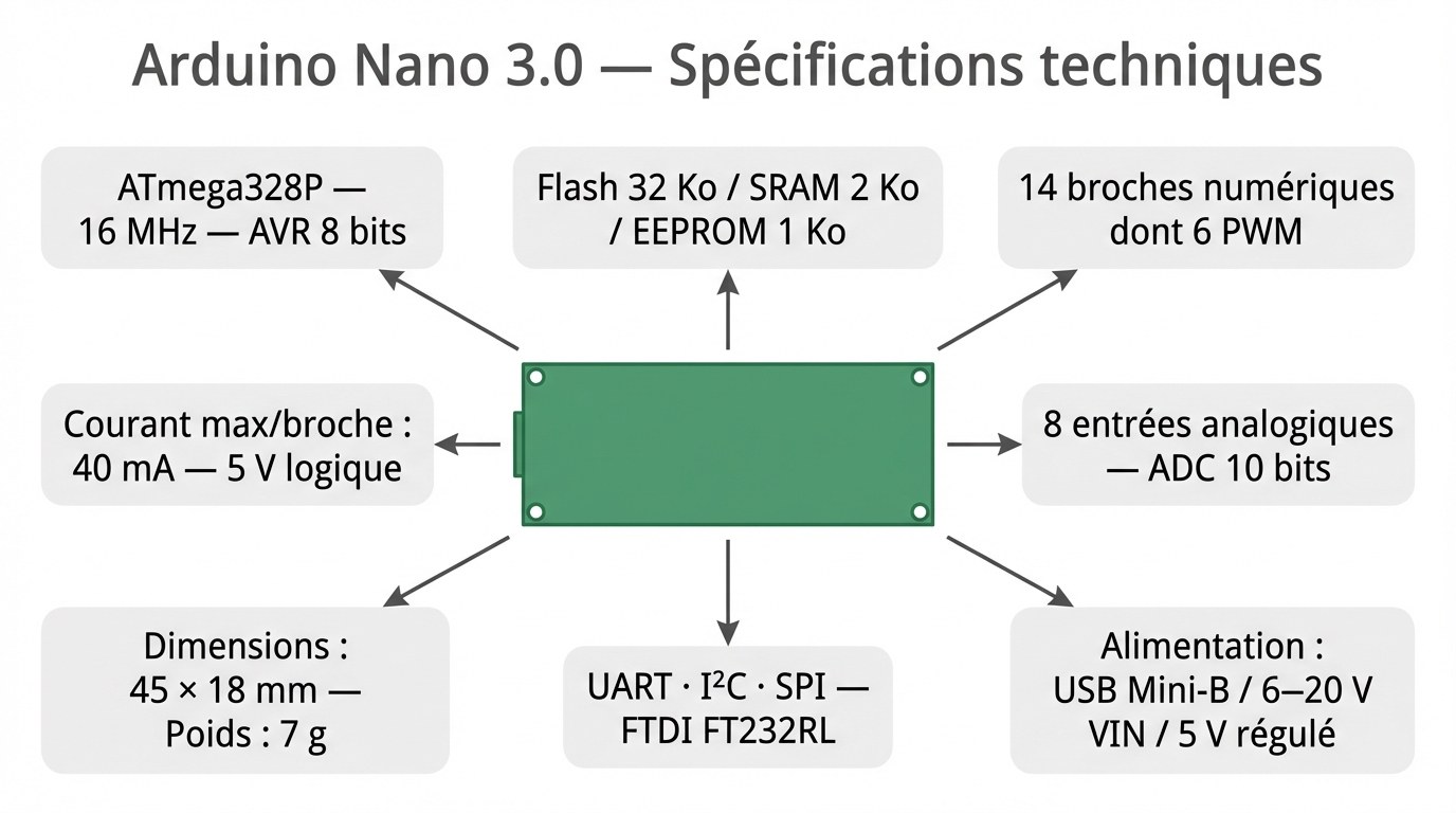 Schéma des spécifications techniques de l'Arduino Nano ATmega328P — broches, mémoire, alimentation