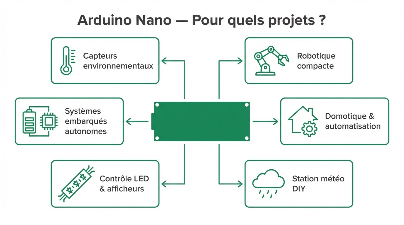 Cas d'usage de l'Arduino Nano ATmega328 — robotique, capteurs, domotique, station météo