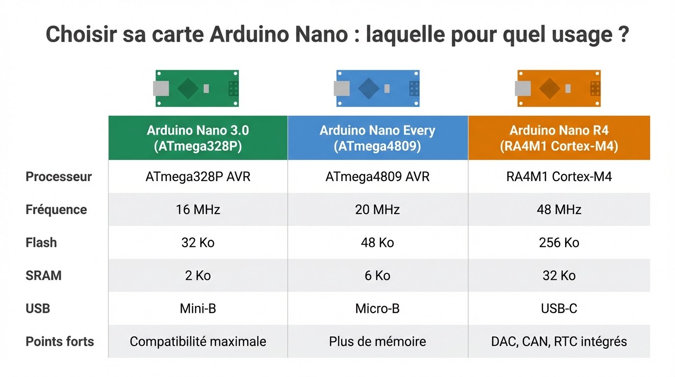 Comparaison Arduino Nano 3.0 vs Nano Every vs Nano R4 — tableau des spécifications