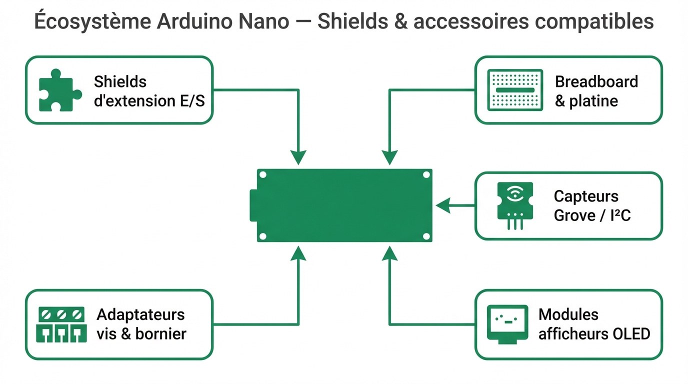 Écosystème Arduino Nano — shields, capteurs, breadboard et accessoires compatibles