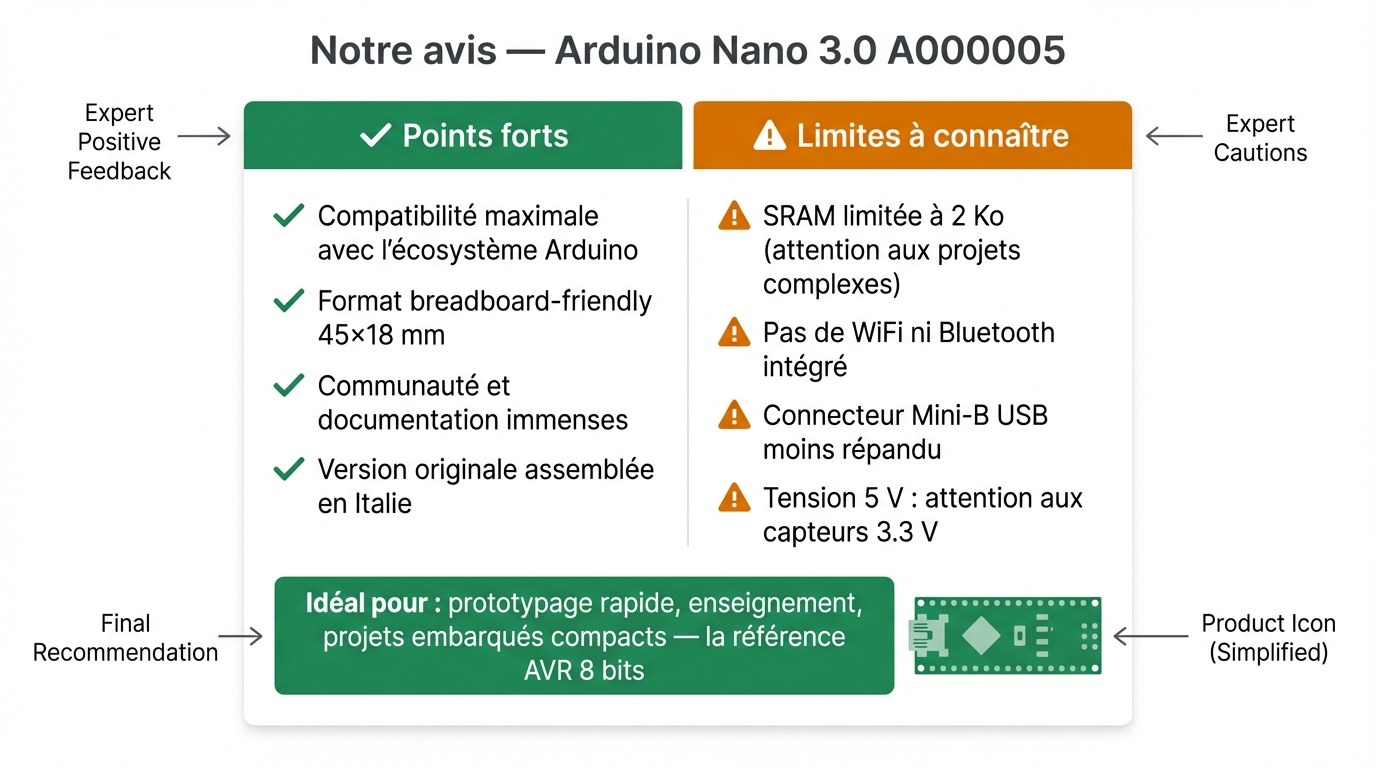 Avis expert Lextronic sur l'Arduino Nano 3.0 A000005 — points forts et limites