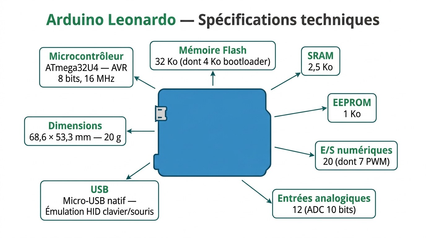 Spécifications techniques visuelles de l'Arduino Leonardo A000057
