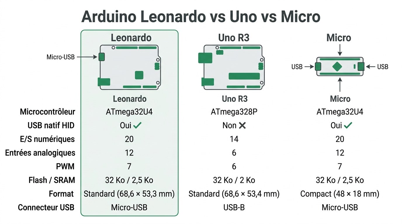 Comparaison des caractéristiques entre Arduino Leonardo, Uno et Micro