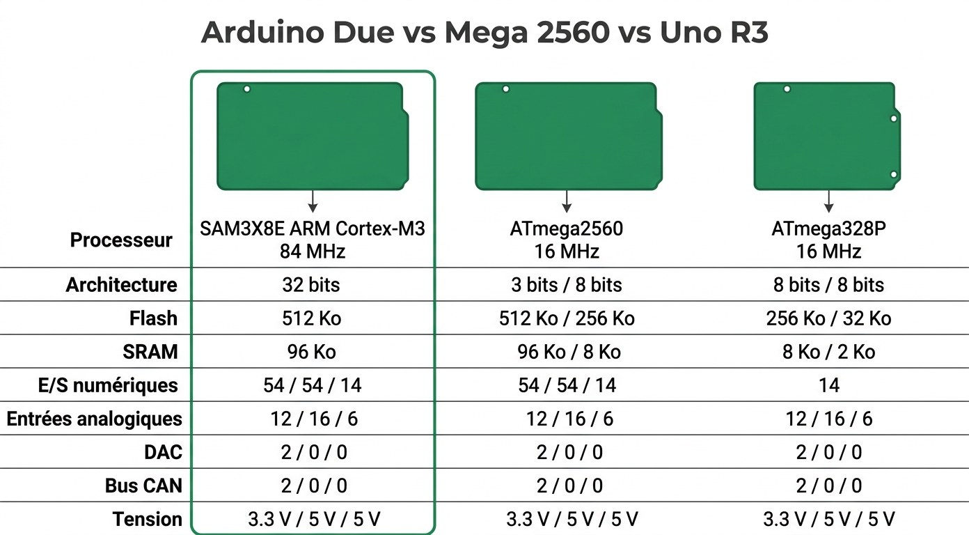 Comparaison Arduino Due vs Mega 2560 vs Uno R3 — processeur, mémoire, E/S