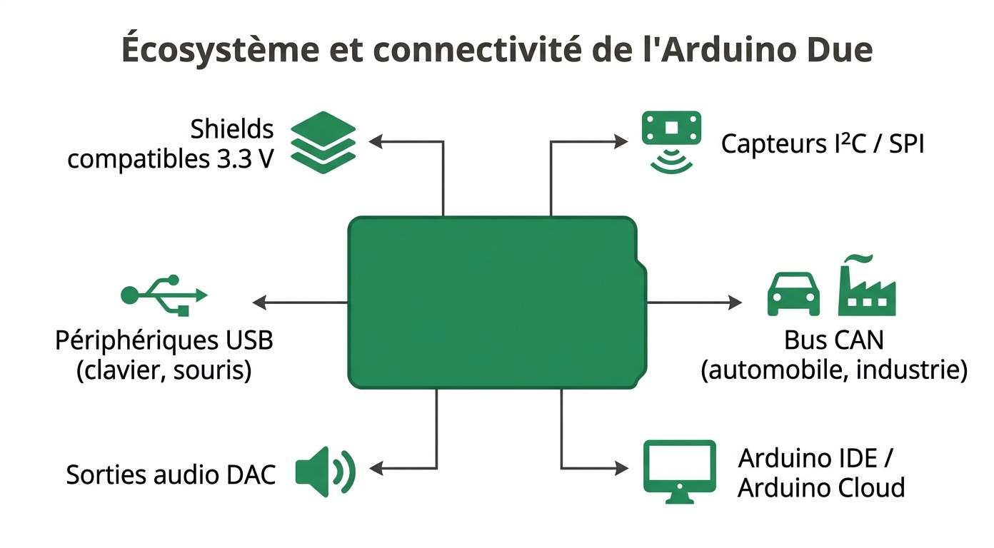 Spécifications visuelles de l'Arduino Due A000062 — processeur ARM Cortex-M3, 512 Ko Flash, 96 Ko SRAM