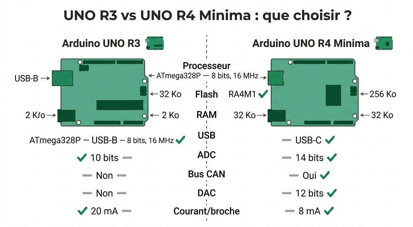 Comparaison Arduino UNO R3 vs UNO R4 Minima