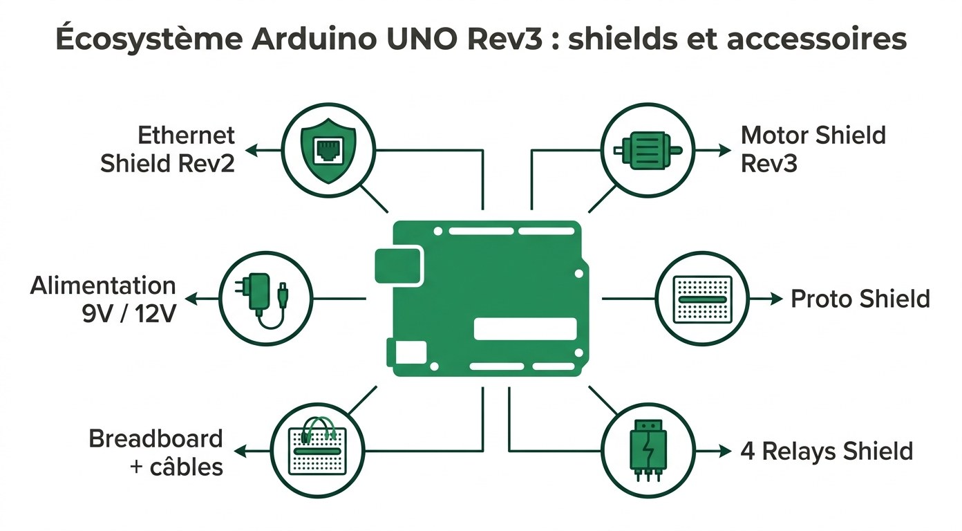 Écosystème de shields et accessoires Arduino UNO Rev3