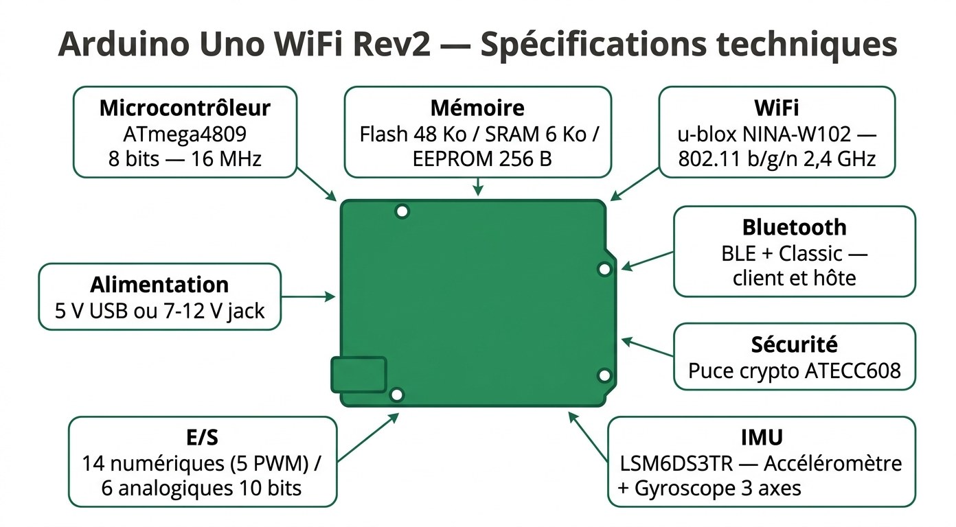 Spécifications visuelles de la carte Arduino Uno WiFi Rev2 — processeur, mémoire, WiFi, Bluetooth, IMU et entrées-sorties