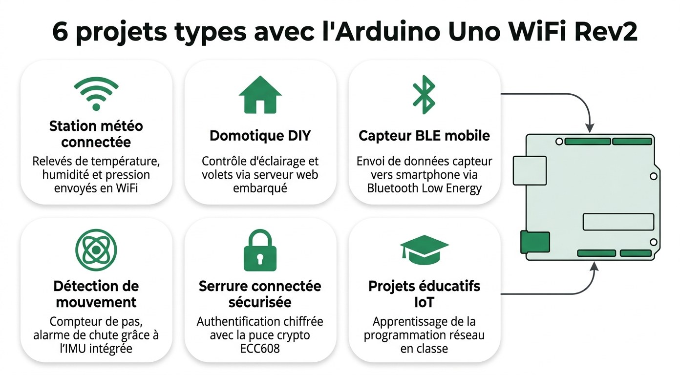 Six projets types réalisables avec l'Arduino Uno WiFi Rev2 — station météo, domotique, BLE, IMU, sécurité, éducation