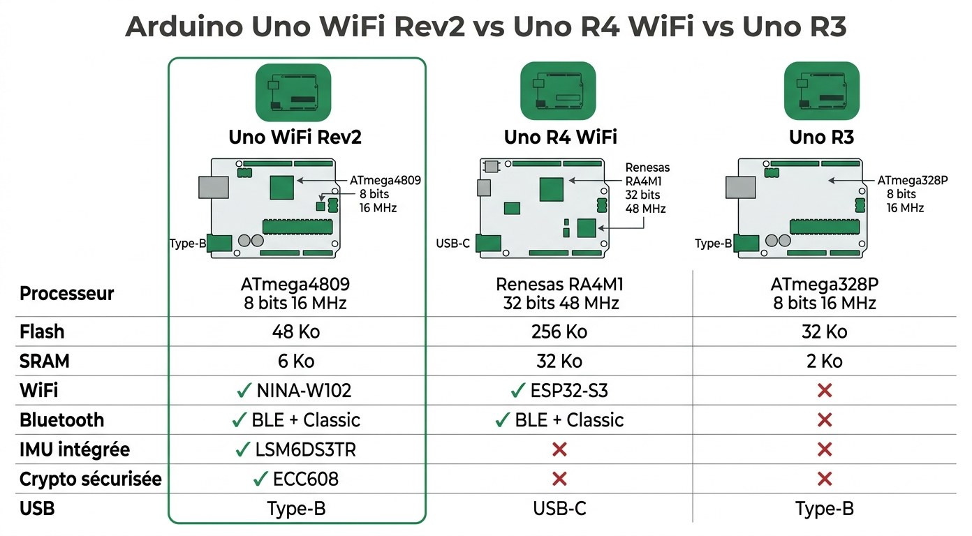 Comparaison Arduino Uno WiFi Rev2 vs Uno R4 WiFi vs Uno R3 — spécifications côte à côte